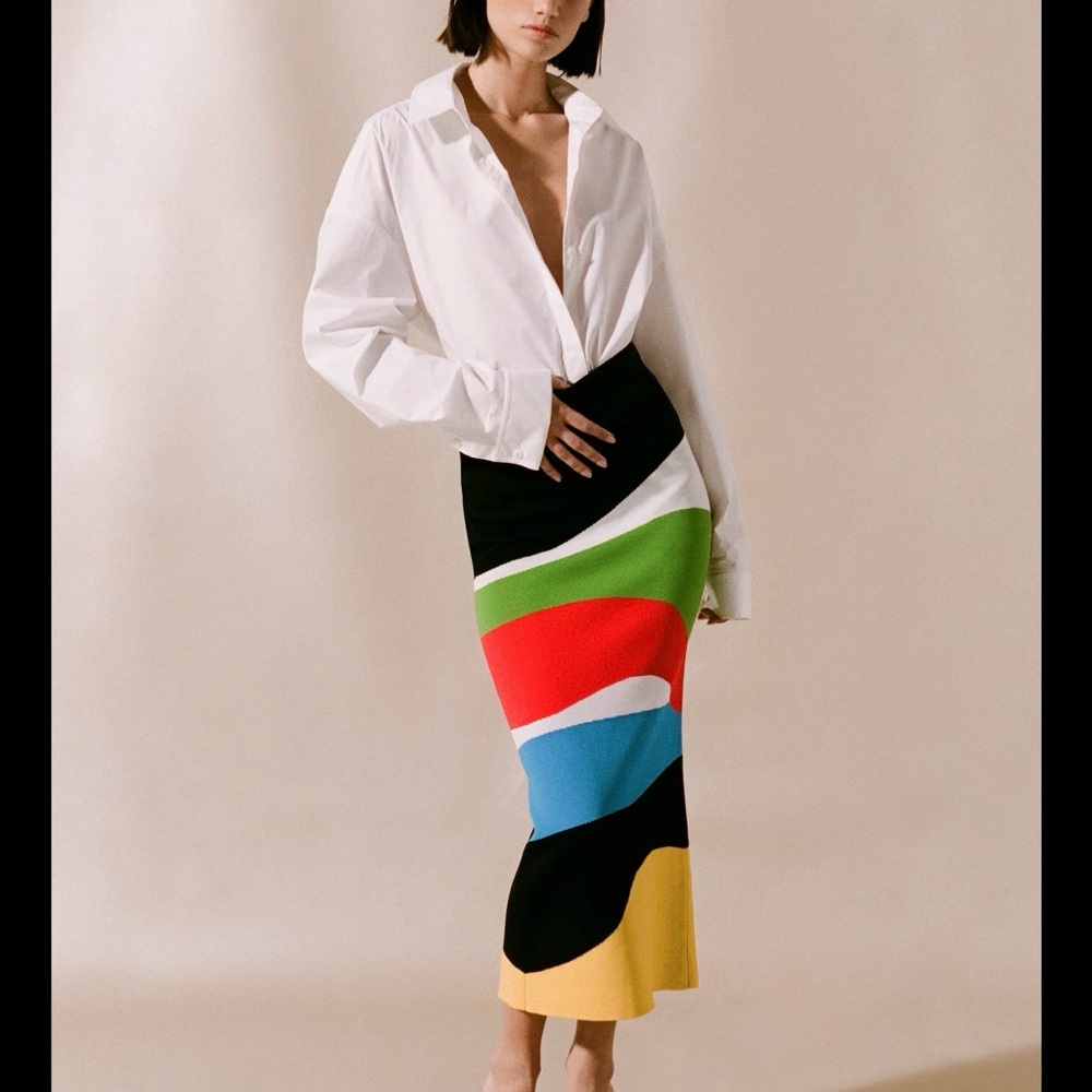 STAUD Multicolor Wave Midi Skirt in Black, Red, Green, Blue, Yellow